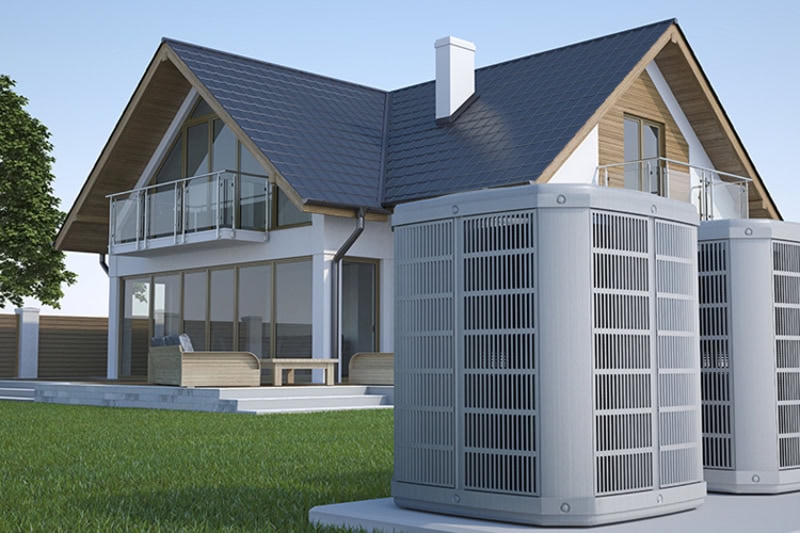 Outdoor AC unit and house in background.